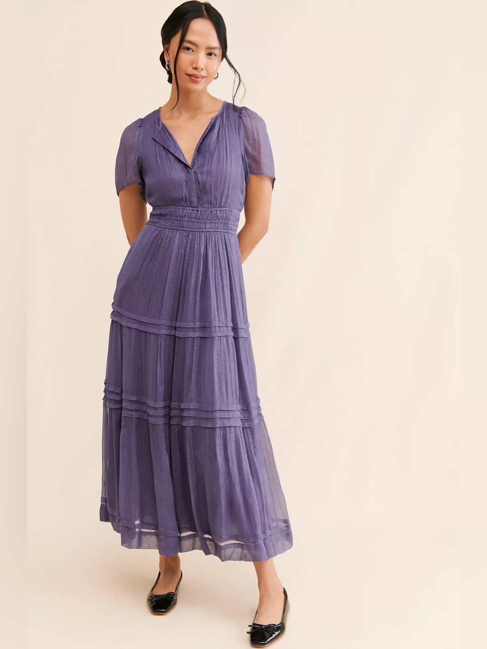 Anthropologie Somerset Maxi Dress Lurex Edition XS Metallic Smocked Tiered